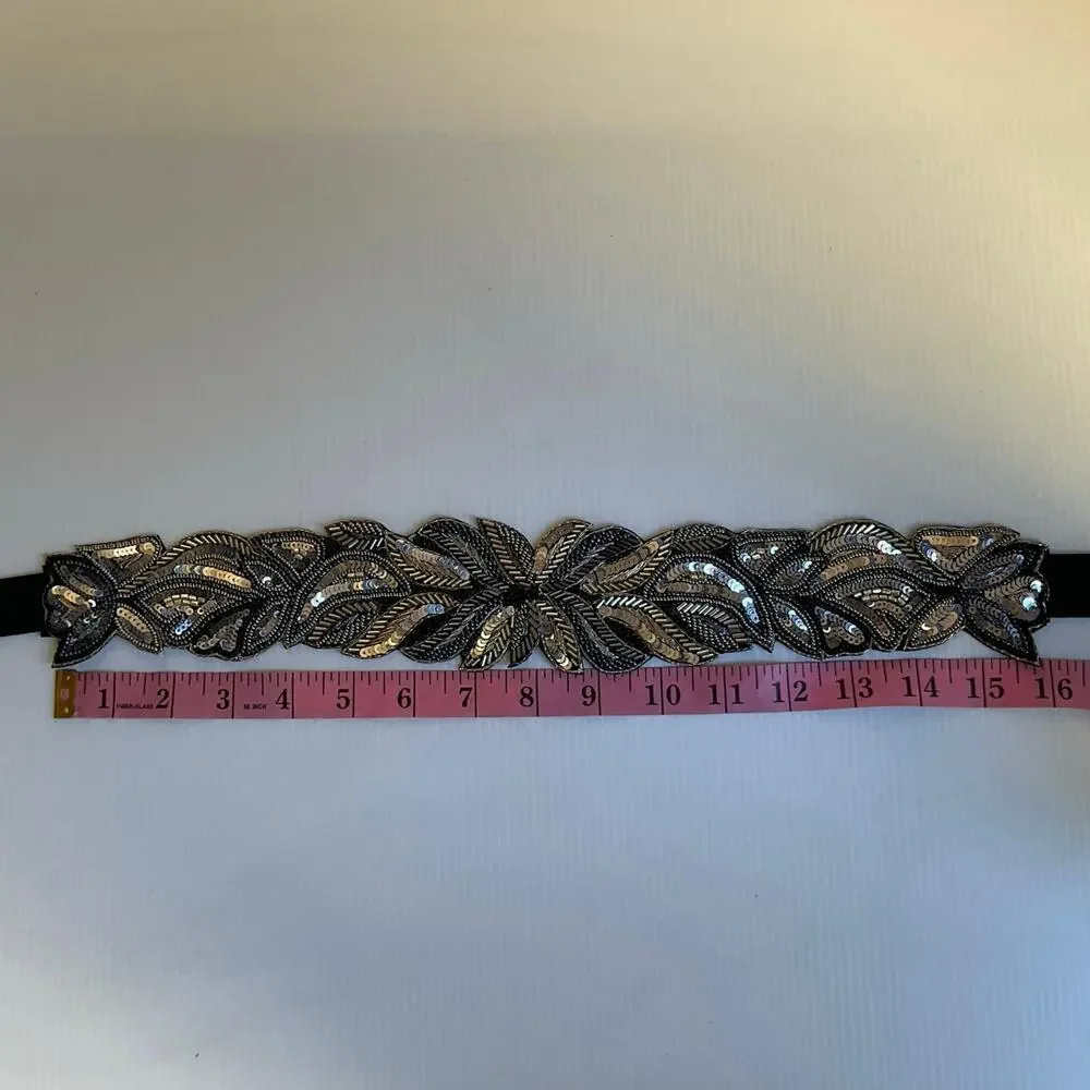 Silver Beaded Embroidered Boho Festival Floral Belt  Elastic Waistband NWT
